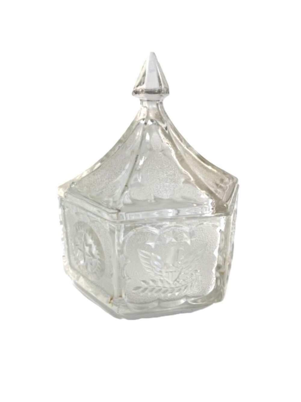 Vintage Tiara Indiana Glass Eagle and Stars Hexagon Lidded Candy Dish 1970s